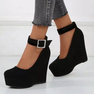 Black Buckle Strap Suede Wedges